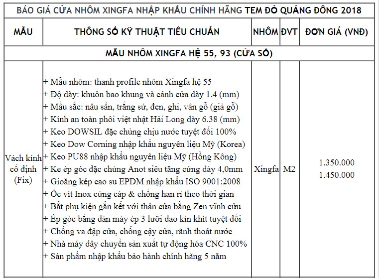 Công bô bảng báo giá chi tiết về nhôm Xingfa nhập khẩu Quý 1-2019